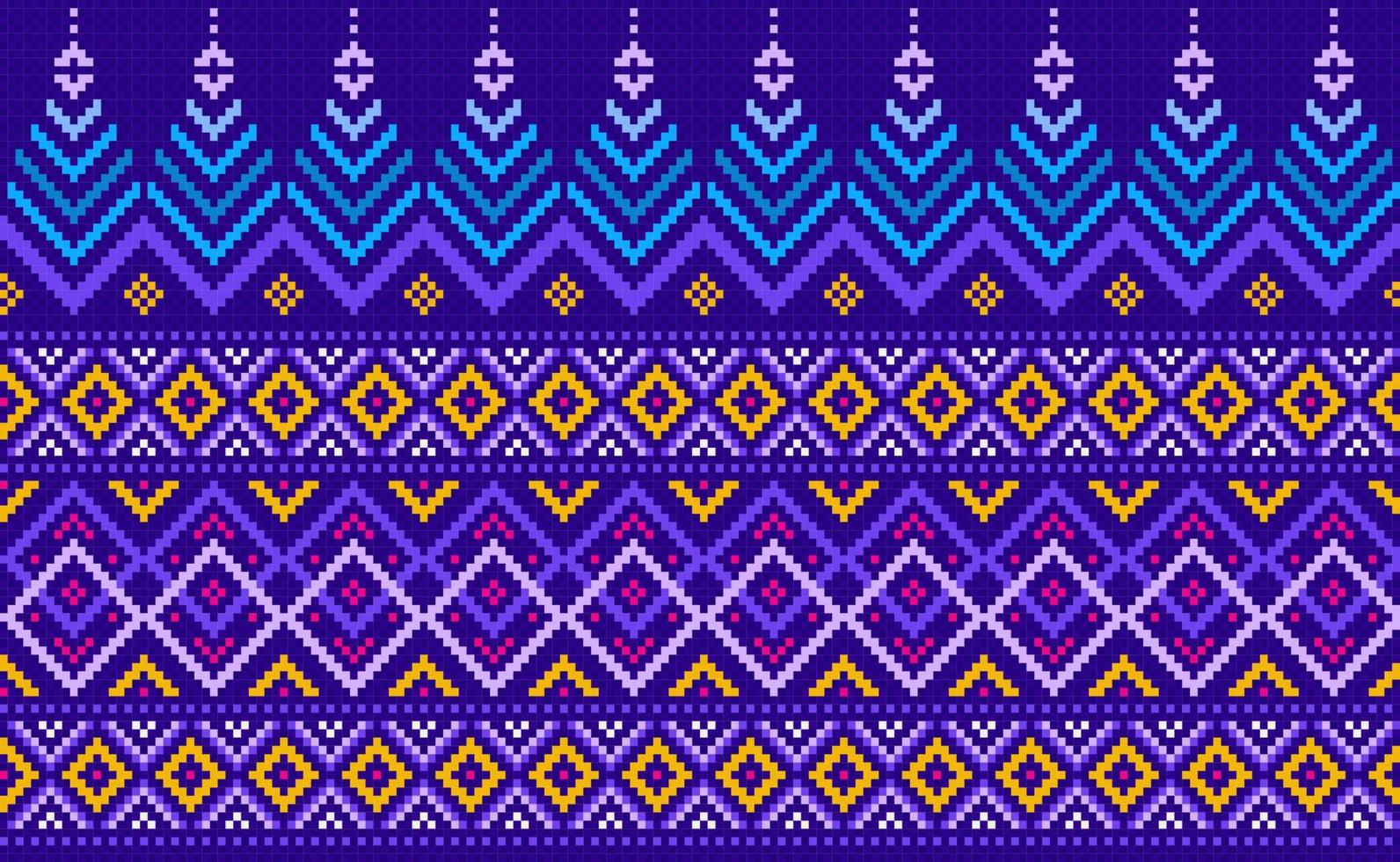 geometrisk etnisk mönster, vektor broderi utsmyckad bakgrund, blå och gul pixel retro sicksack- stil