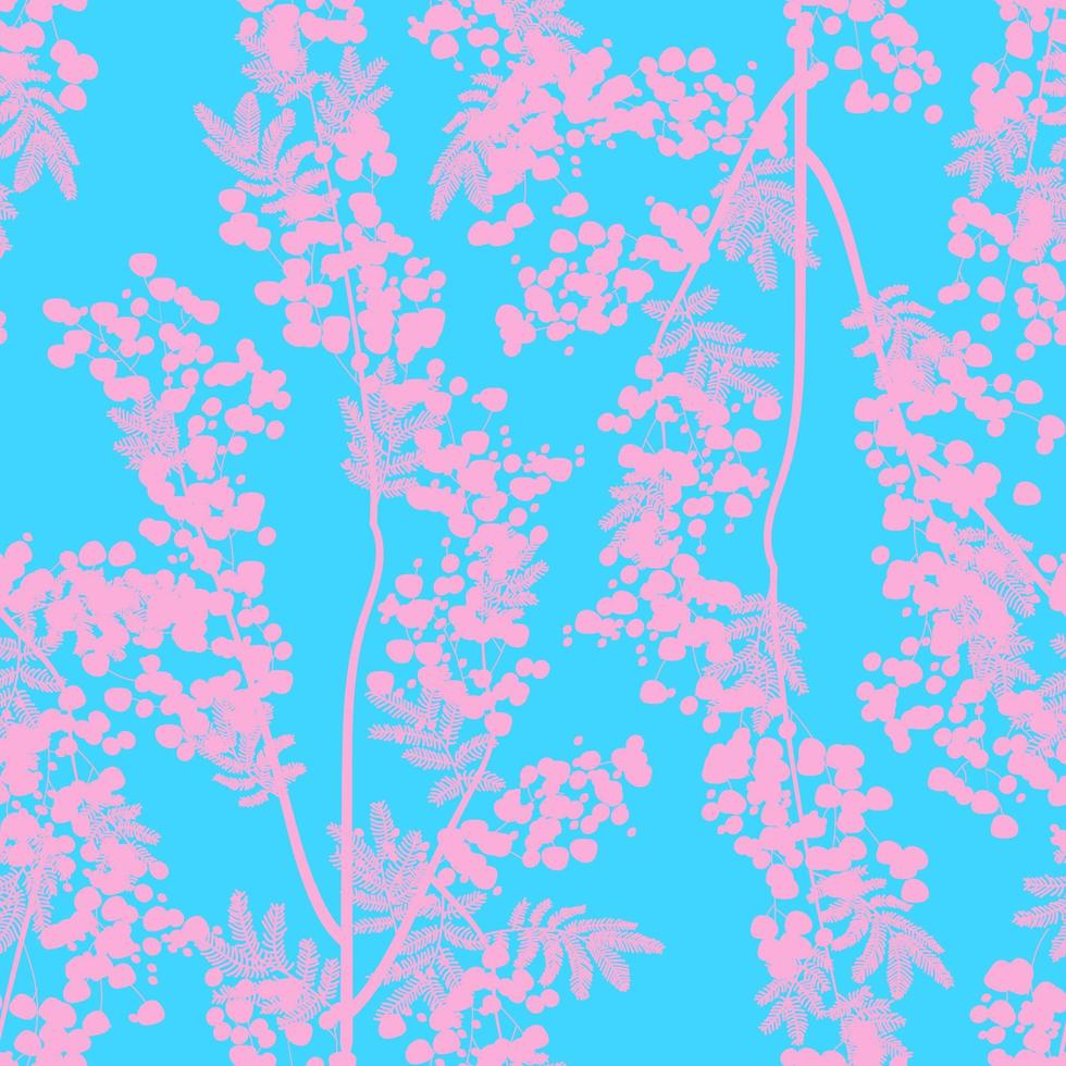 botanisk sömlös mönster med gul mimosa blommor och löv på en vit bakgrund. bakgrund med elegant blommande växter. vektor illustration