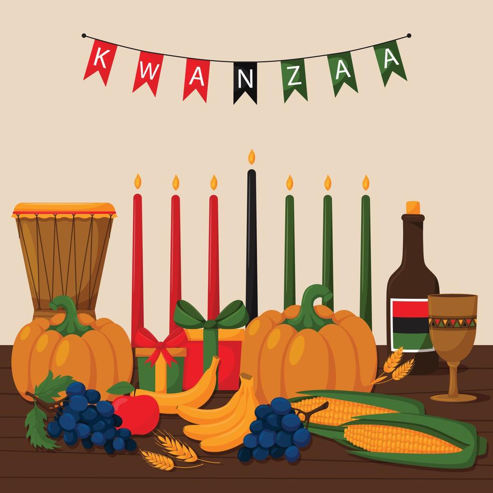Kinara mit traditionellen Kwanza-Kerzen, ein festliches Konzept mit Geschenkbox, Kürbis, Ähren, Weintrauben, Banane, Einheitsbecher und Obstkorb. Cartoon-Vektor-Illustration auf einem Holztisch. vektor