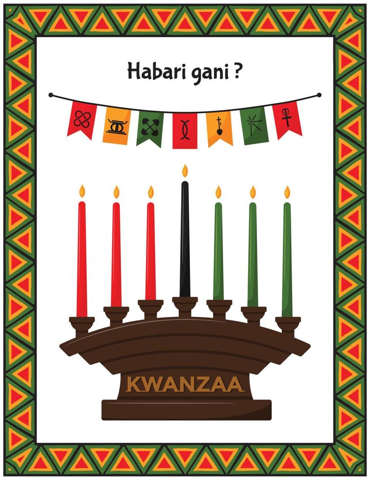 hälsning kort med traditionell ljus hållare - kinara och flaggor med tecken av kwanzaa principer. habari gani - vad är Nyheter i swahili. ram med afrikansk triangel mönster. Färg vektor illustration