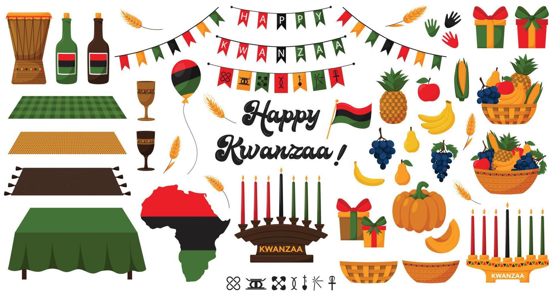 uppsättning av dekorativ element för traditionell afrikansk amerikan Semester kwanzaa. ljus hållare, kinara, frukter, gåva lådor, mkeka, trumma, enhet kopp, flaggor, tecken av principer. isolerat vektor illustrationer