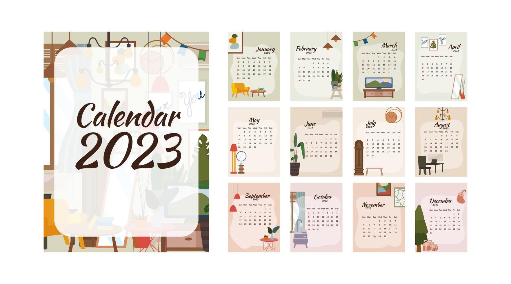 Kalendervorlage für das neue Jahr 2023. Lifestyle-Kalender zum Ausdrucken vektor