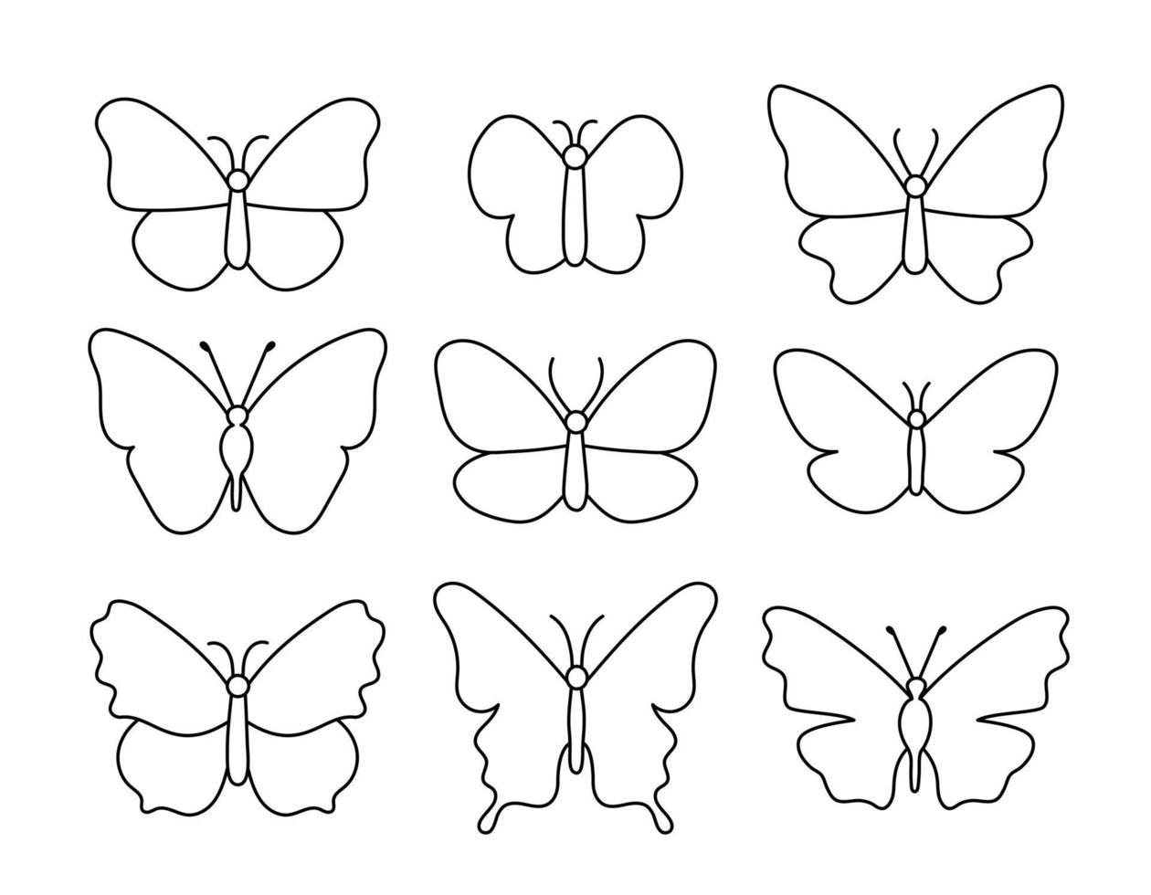 fjäril översikt. vektor uppsättning av klotter insekter isolerat. svart fjärilar samling på vit bakgrund. linje konst design element