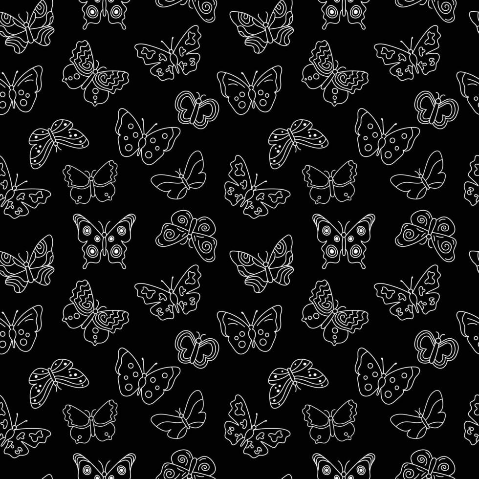 fjärilar klotter mönster. sömlös bakgrund med översikt flygande insekter. svart och vit skriva ut. vektor upprepa illustration för mönster, textil, tyg, omslag papper
