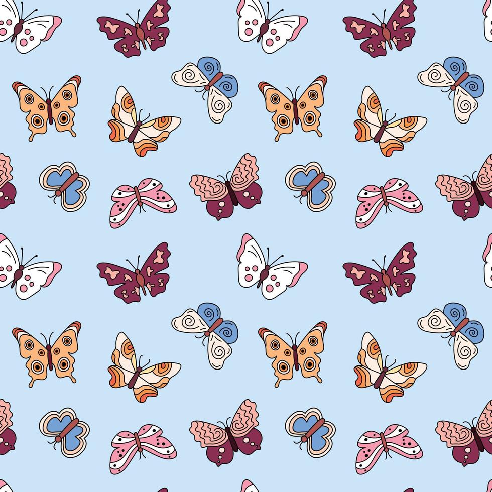 Schmetterlinge Boho-Muster. nahtloser hintergrund mit gekritzel fliegenden insekten. bunter Druck. vektorwiederholungsillustration für designs, textilien, stoffe, verpackungspapier vektor