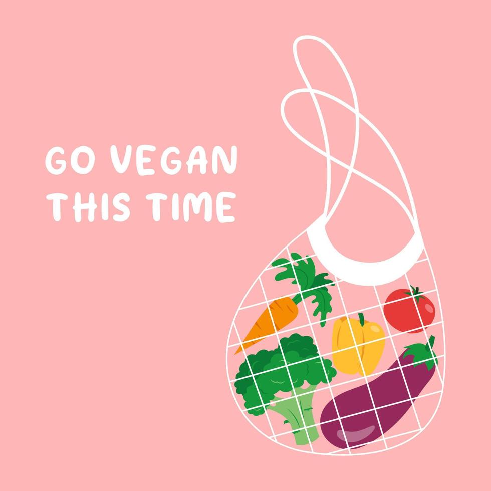 Gemüse in Null-Abfall-Schnurbeutel in der Nähe der Nachricht wird diesmal vegan auf rosa Hintergrund. veganisches Konzept. vektor