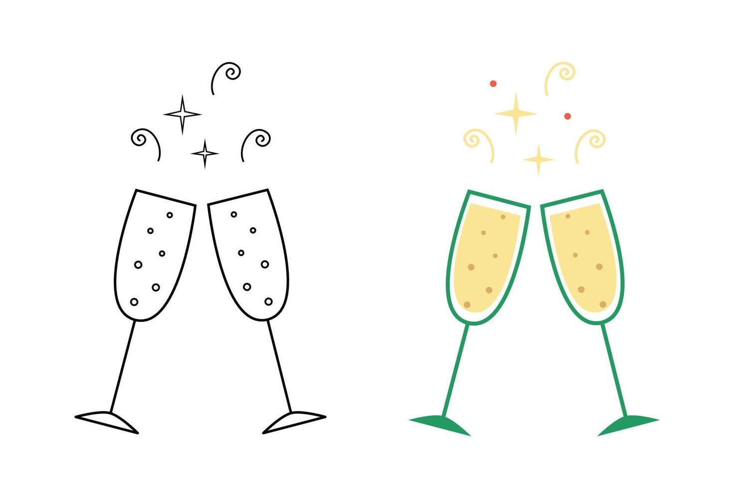 Gläser Champagner. hand gezeichnete skizze im gekritzelstil. Urlaub-Vektor-Illustration. isoliertes Umrisssymbol für Weihnachten, Geburtstag, Hochzeit. vektor