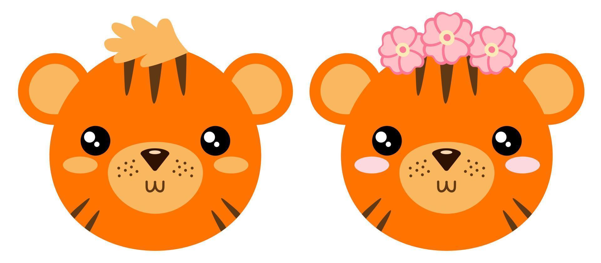 Baby-Tiger Junge und Mädchen. vektorillustration der gesichter niedlicher tierbabys. Design für Kinderdruck. vektor