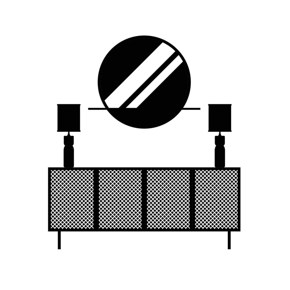 runder Spiegel und minimalistische Regalsilhouette. Schwarz-Weiß-Icon-Design-Elemente auf isoliertem weißem Hintergrund vektor