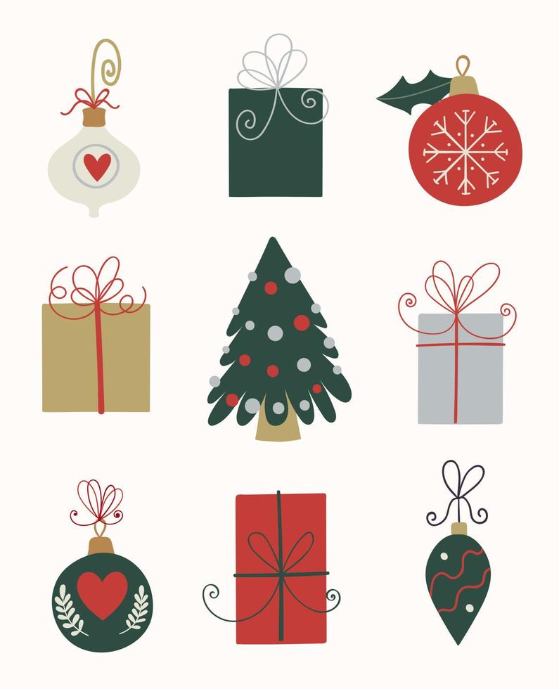skön Semester uppsättning. jul träd med leksaker, glas bollar och gåva lådor. vektor