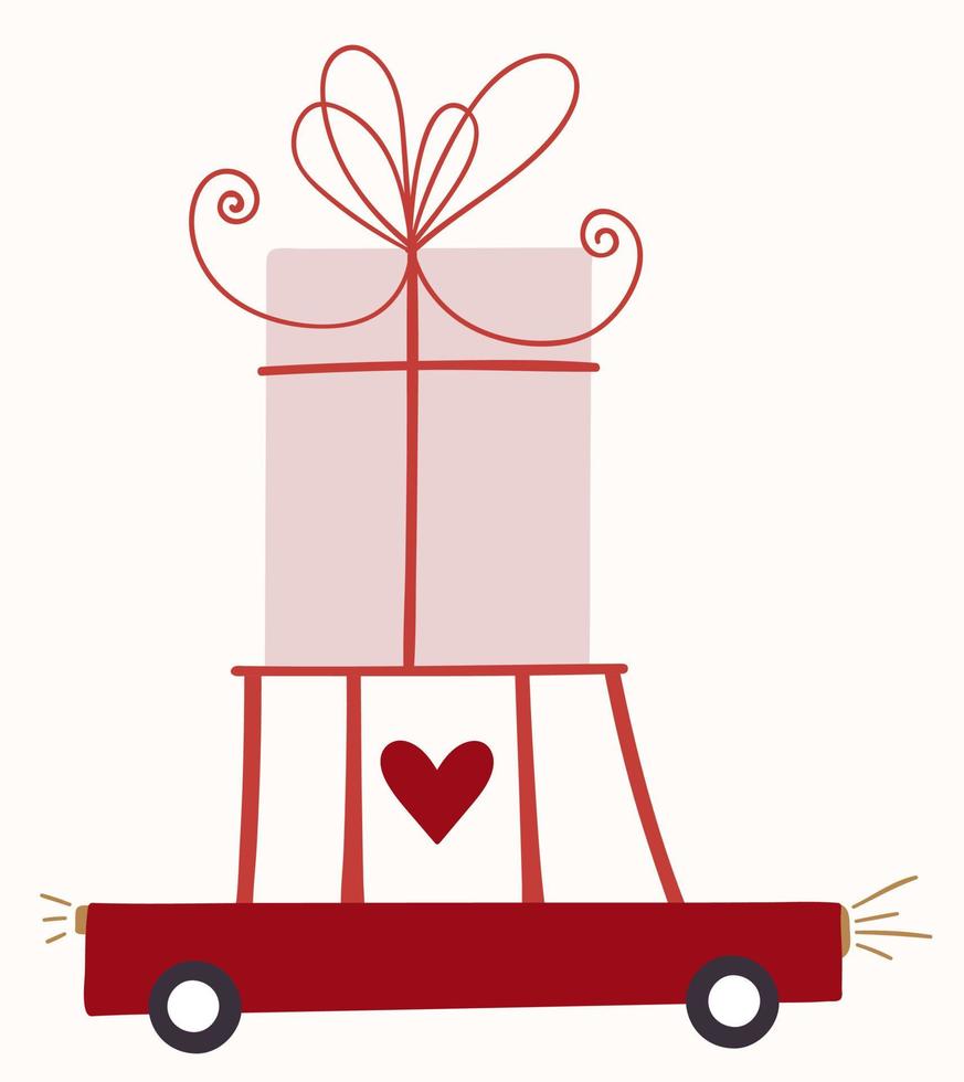 Auto mit rosa Geschenkbox, rotem Band und Herz auf einem Dach. romantische Überraschung. Auto mit Geschenken auf dem Dach beladen. Geschenke zum Valentinstag. vektor