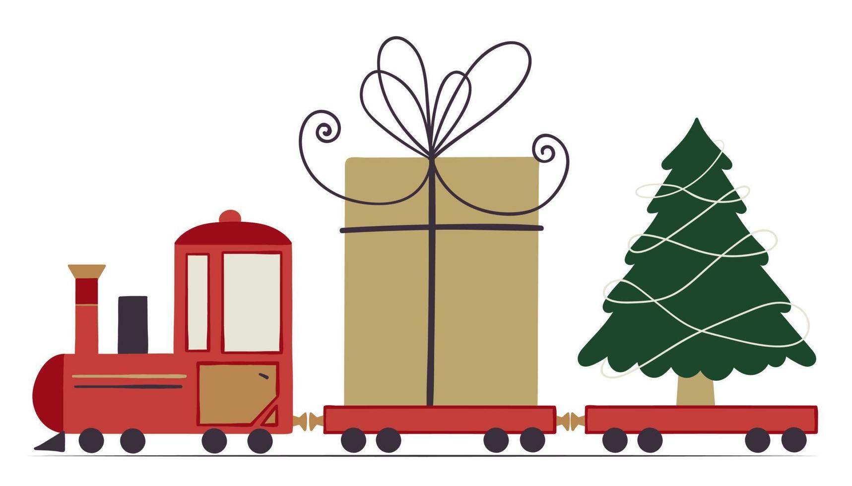 die rote spielzeugeisenbahn trägt weihnachtsgeschenkbox und baum. vektor