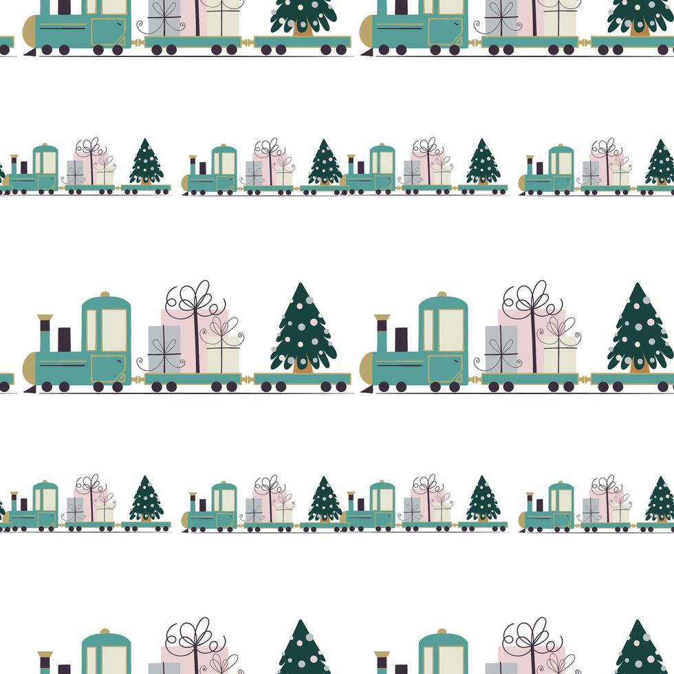 de blå leksak tåg är bärande jul gåvor och träd. sömlös bakgrund med Semester mönster. glad jul. vektor