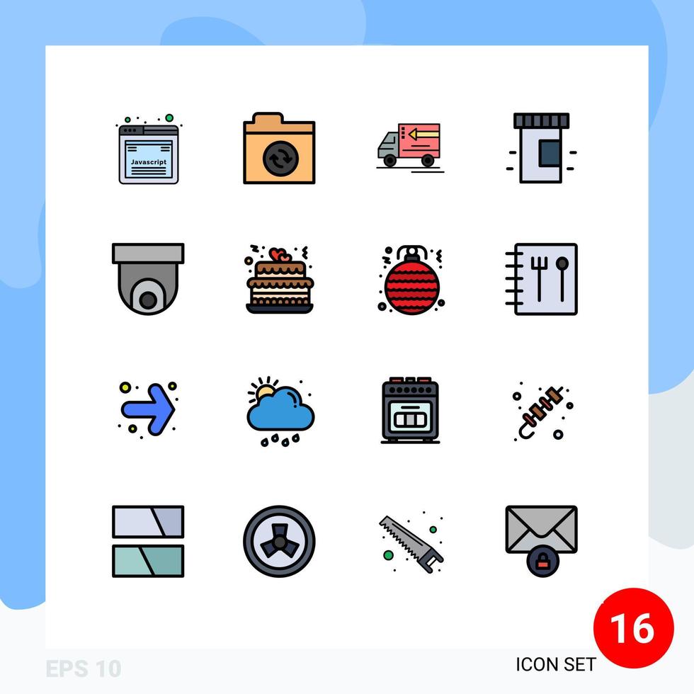 uppsättning av 16 vektor platt Färg fylld rader på rutnät för video cCTV leverans kamera medicin redigerbar kreativ vektor design element