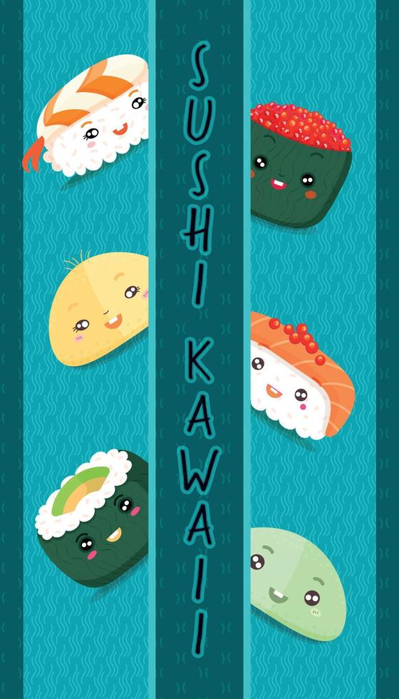 verschiedene kawaii sushi, rolls, nigiri. hand gezeichneter farbiger vektorsatz. japanischer Cartoon-Stil. trendige abbildung. alle Elemente sind isoliert vektor