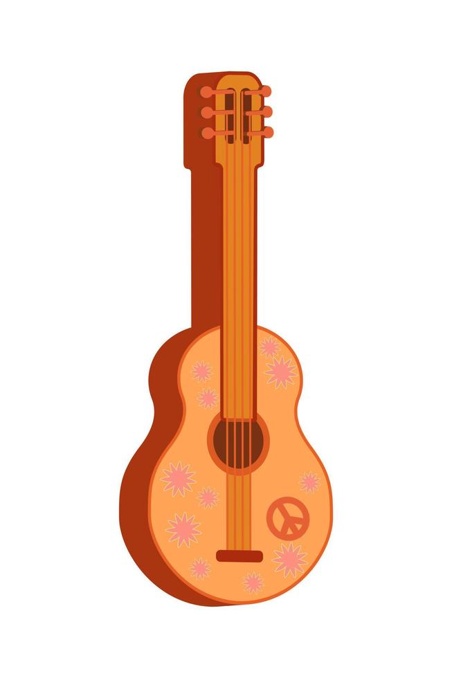 häftig musik. retro gitarr med blommor. hippie stil. årgång konst design. musikalisk instrument. tecknad serie. vektor illustration på en vit bakgrund.