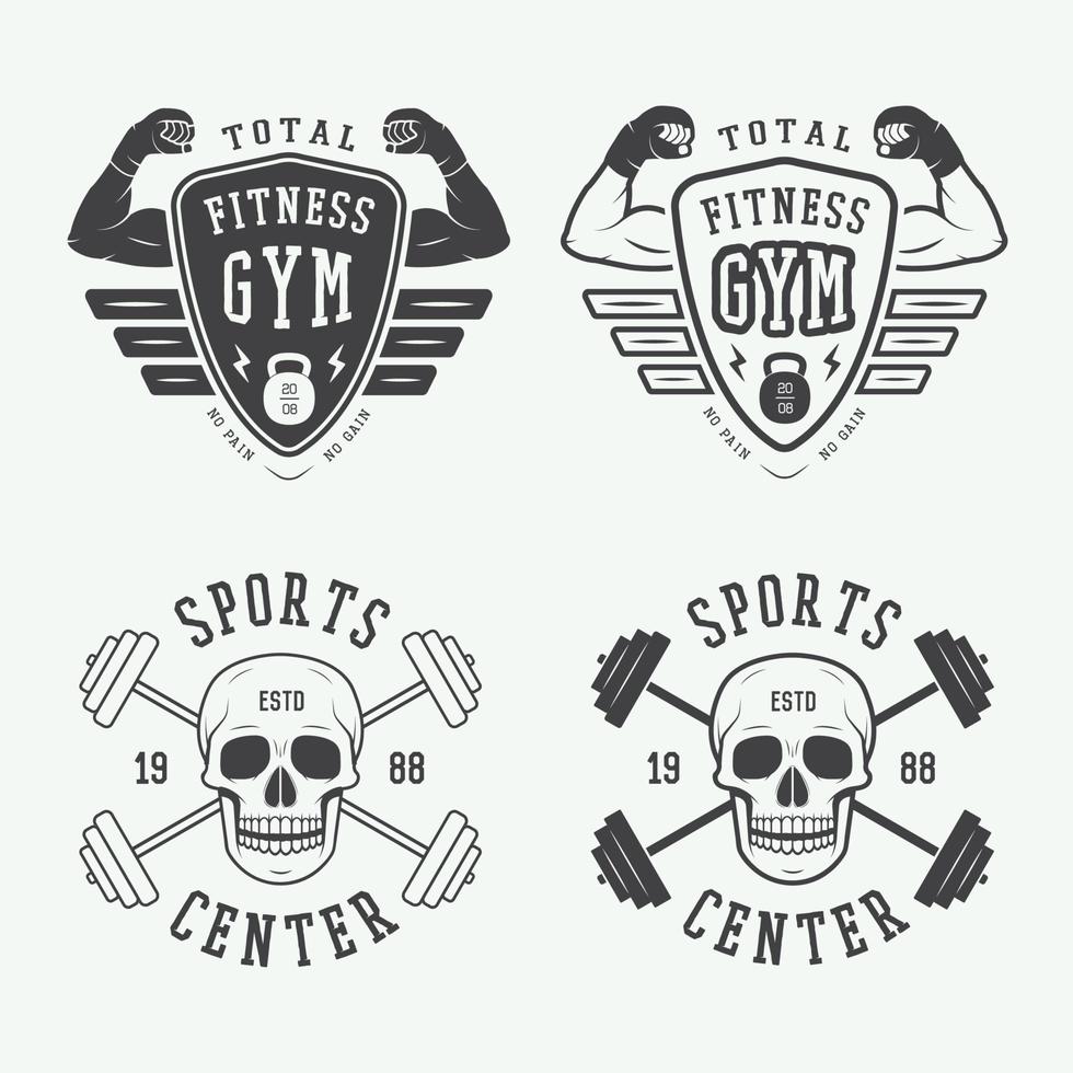 uppsättning av Gym logotyper, etiketter och märken i årgång stil vektor