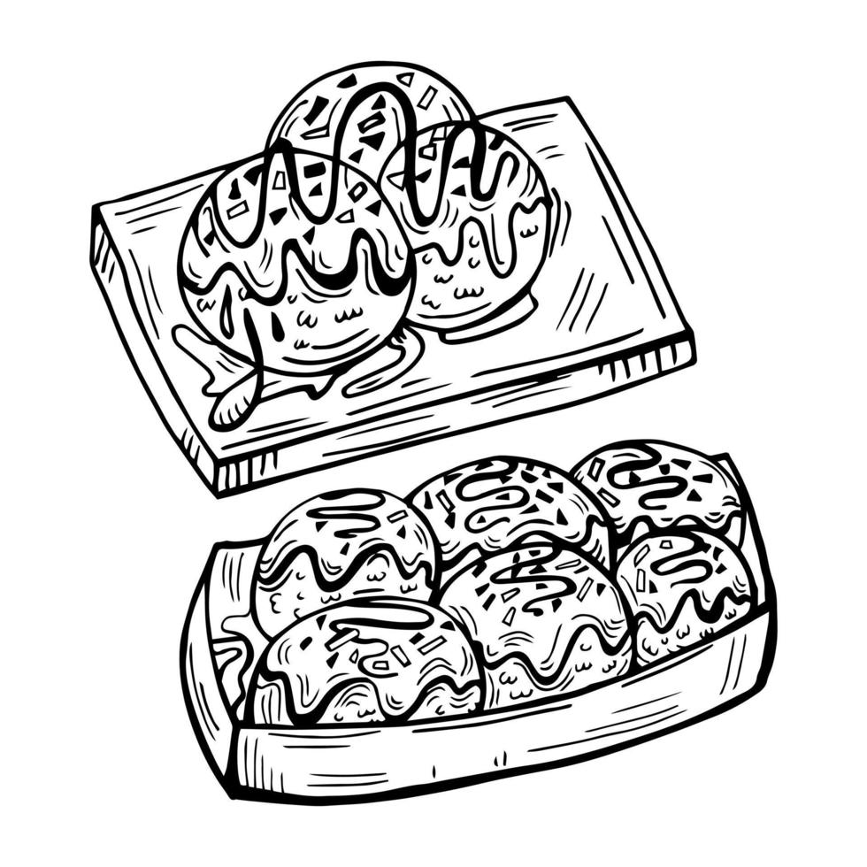 tecknad serie ikon med takoyaki. Osaka, japan.vector illustration av populär japansk snabb mat med bläckfisk. takoyaki boll med japansk majonnäs, sås, bläckfisk och greener.takoyaki i en kartong tallrik vektor