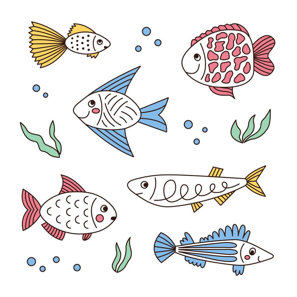 Reihe von verschiedenen lustigen Fischen mit Algen und Blasen im Doodle-Stil isoliert auf weißem Hintergrund. Vektor-Illustration vektor