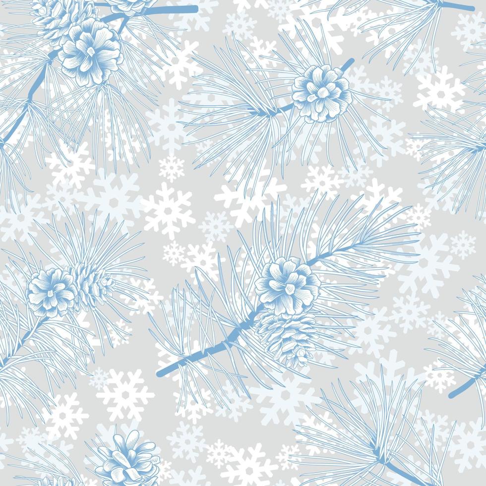 Winterwald nahtloses Muster mit Tannenzweigen und Zapfen. immergrüne florale weihnachtsvektorillustration. gravieren von handgezeichnetem naturhintergrund. vektor
