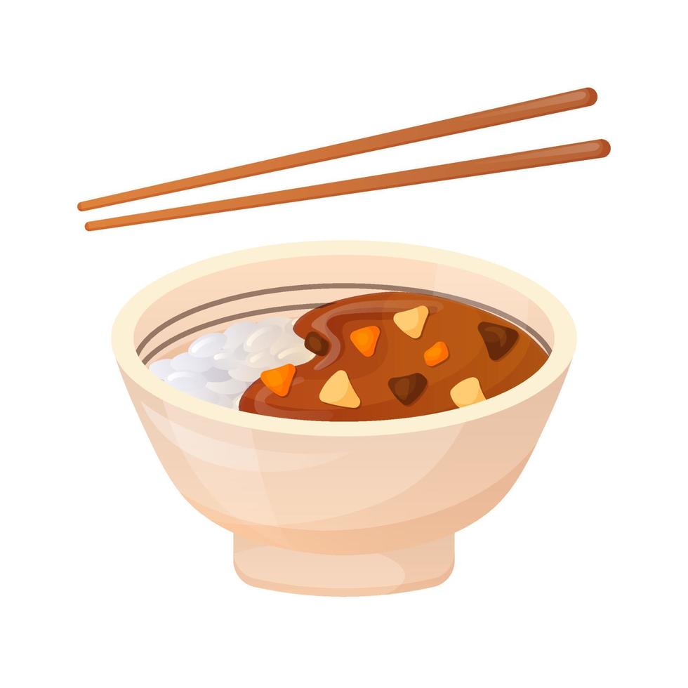 Curryreis nach japanischer Art. asiatisches essen im cartoon-stil. bunter Illustrationsvektor auf weißem Hintergrund. vektor