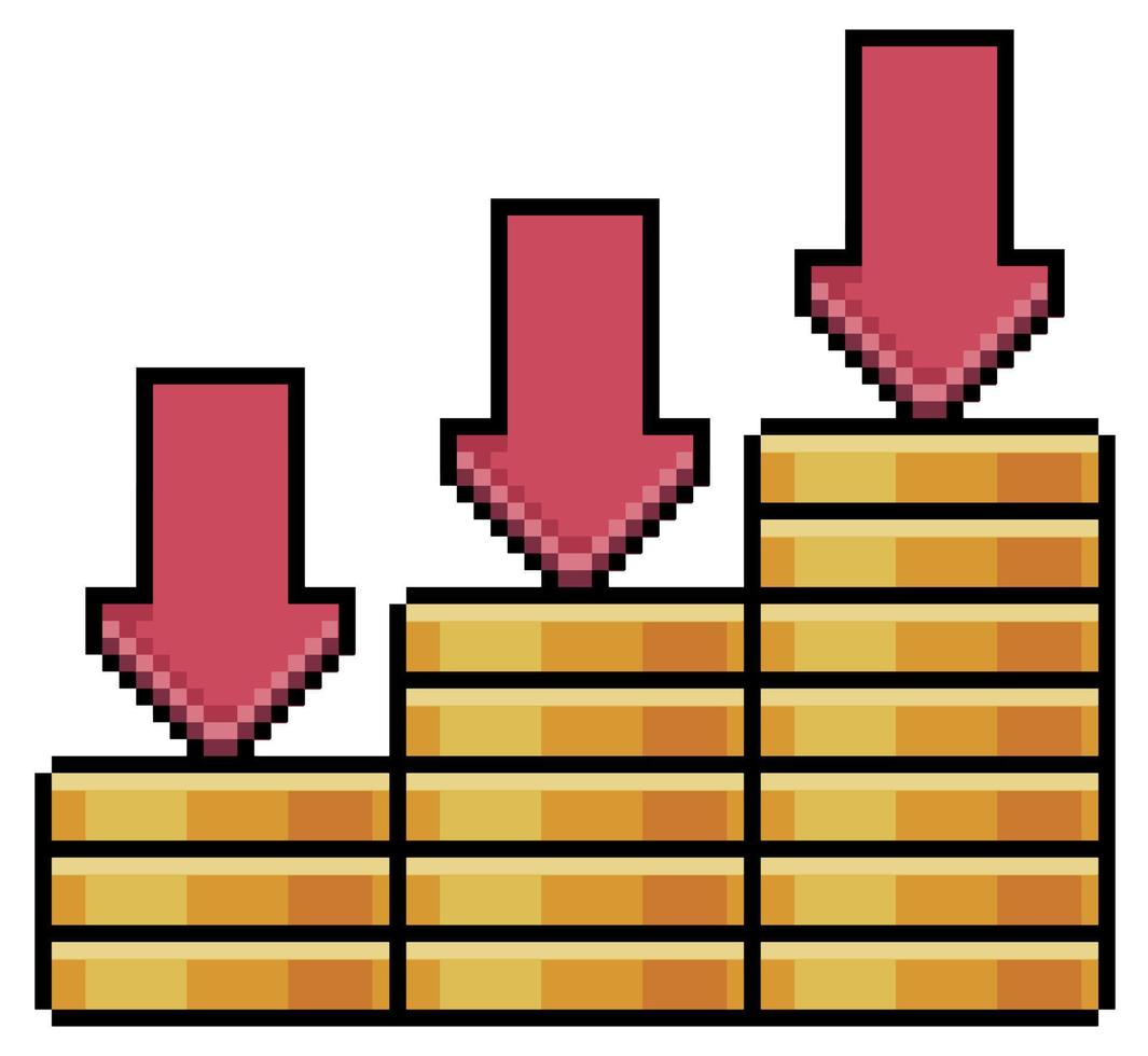 Pixelkunst-Stapel von Münzen mit Abwertungsdiagramm-Vektorsymbol für 8-Bit-Spiel auf weißem Hintergrund vektor