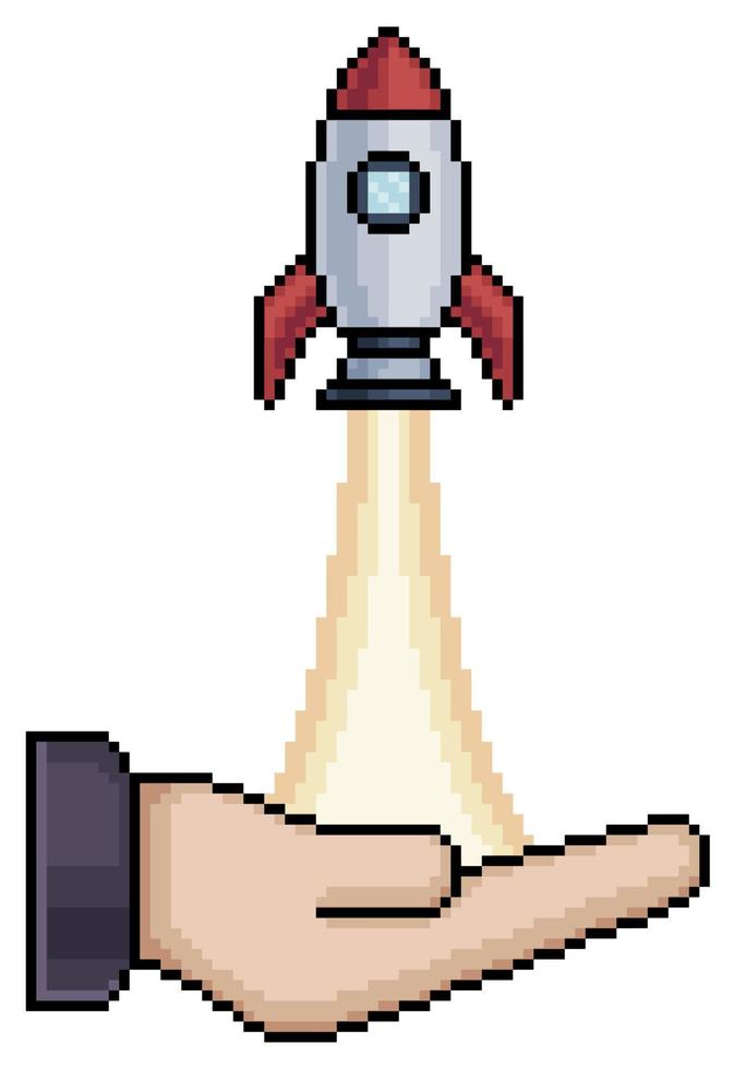 Pixel-Art-Rakete, die von Hand abhebt, Vektorsymbol für 8-Bit-Spiel auf weißem Hintergrund vektor