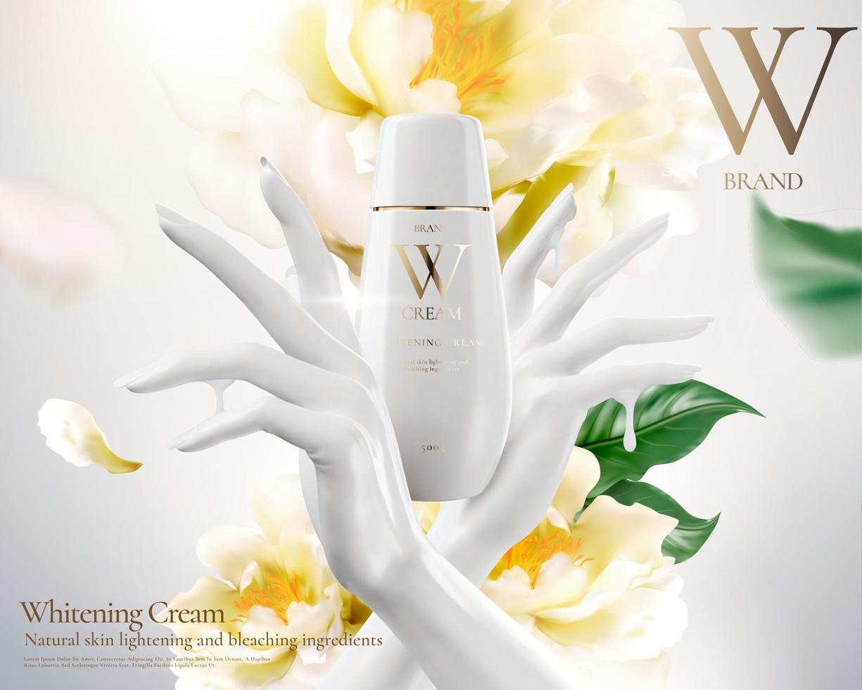 Whitening-Creme-Werbung mit weißer Hand und Blumen in 3D-Darstellung vektor