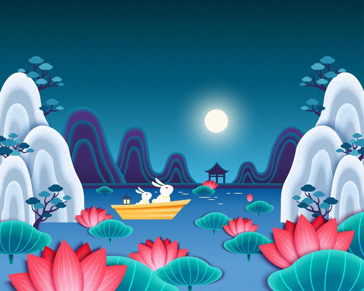 kaninchen, das den vollmond im chinesischen lotusgarten bewundert, mittherbstfestillustration vektor