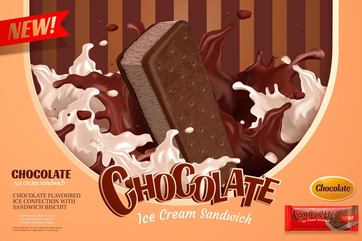 vanilj choklad is grädde annonser med stänk sås på randig bakgrund i 3d illustration vektor