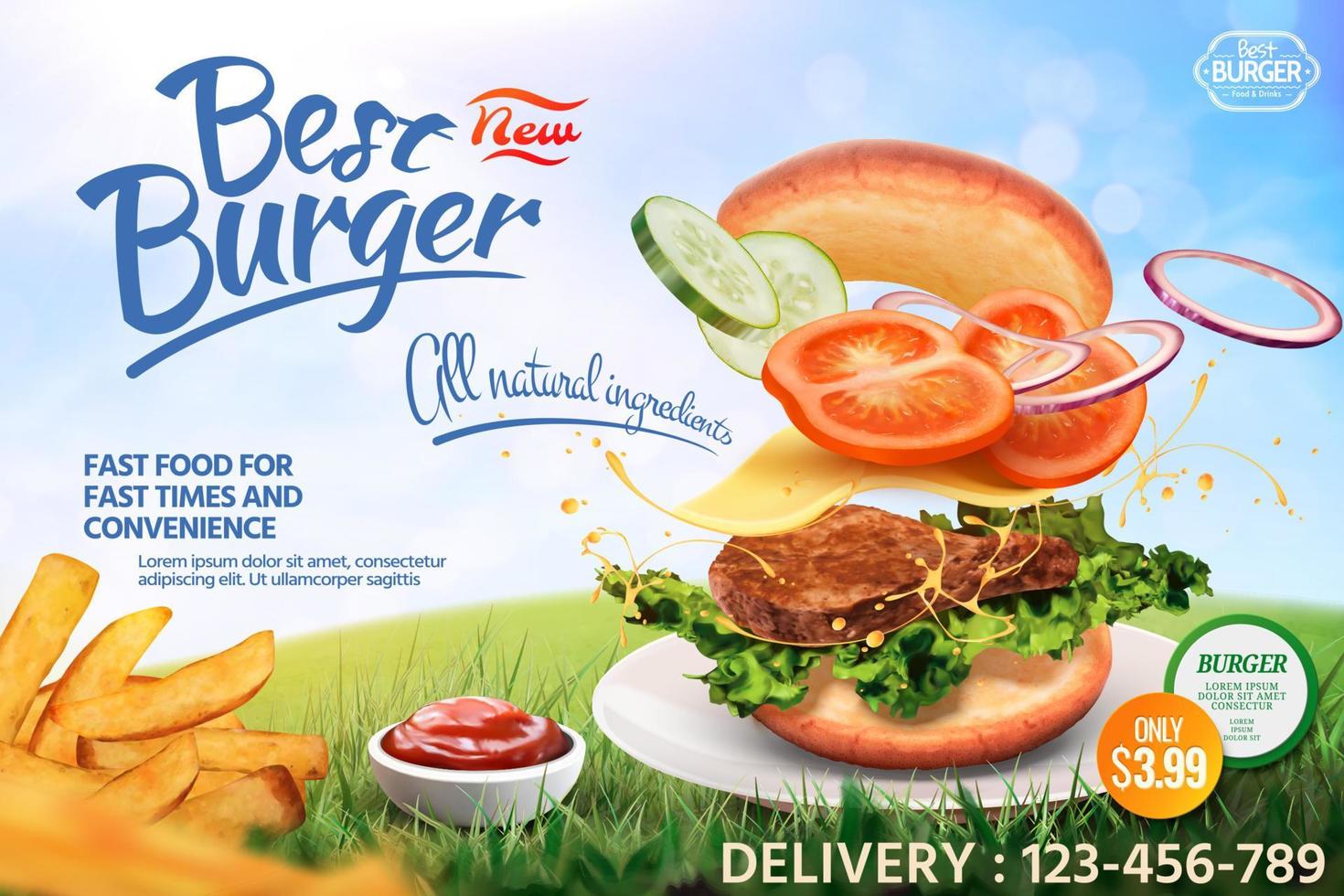 Köstliche Hamburger-Anzeigen mit Zutaten, die in der Luft auf blauem Himmelshintergrund in 3D-Illustration fliegen vektor