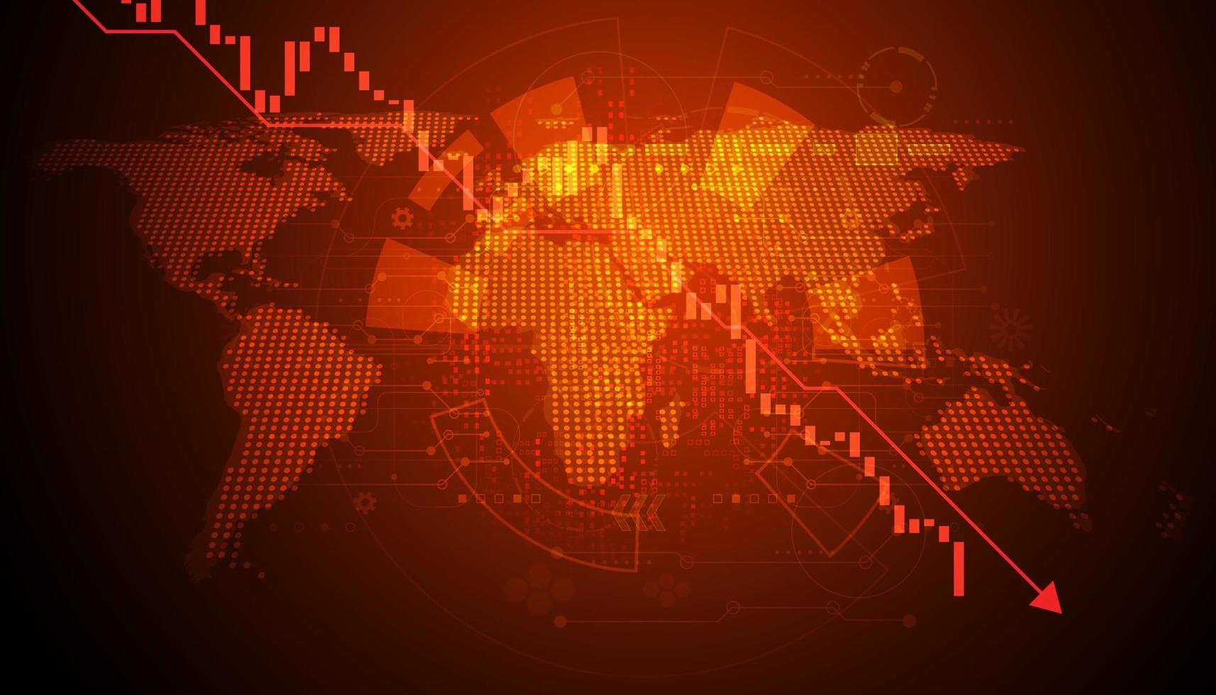 abstrakter Kartenpunkt und Börsencharts fallen oder Bärenmarkt oder Teppichzug Der Markt geht stark unter. auf einem rot-orangen Hintergrund. vektor