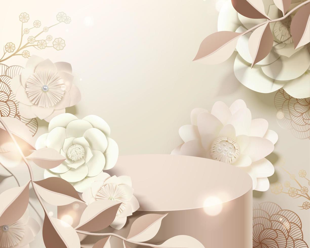 weiße papierblumen und podium in 3d-illustration vektor