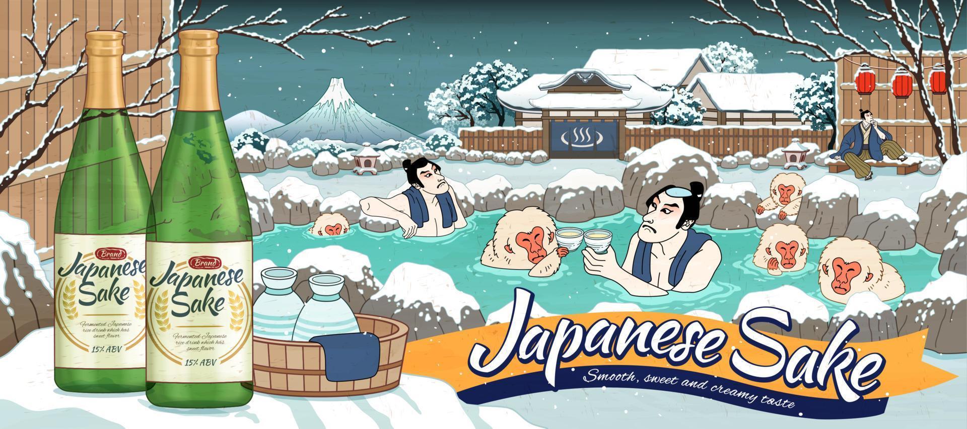 japansk skull annonser i ukiyo-e stil med män och söt apa njuter utomhus- varm vår, skön vinter- snöig landskap vektor