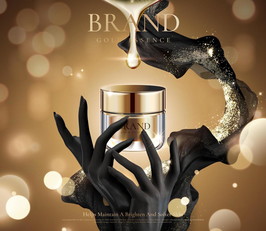 goldene cremetiegelanzeigen mit schwarzen händen, die das produkt auf bokeh-glitzerhintergrund in 3d-illustration halten vektor
