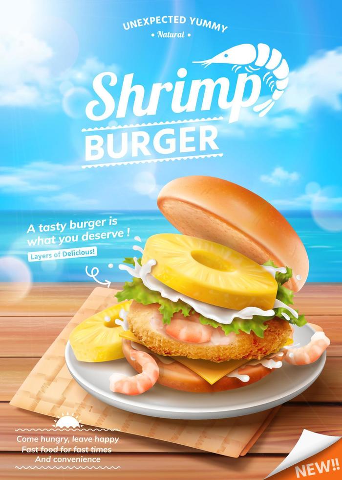 Garnelen-Burger-Werbung auf sommerlichem Meereshintergrund in 3D-Darstellung vektor