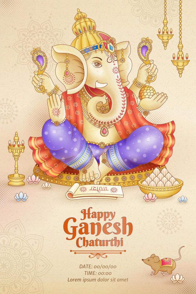 glückliches Ganesh-Chaturthi-Plakatdesign mit Gott Ganesha, der rituelles Gerät hält vektor