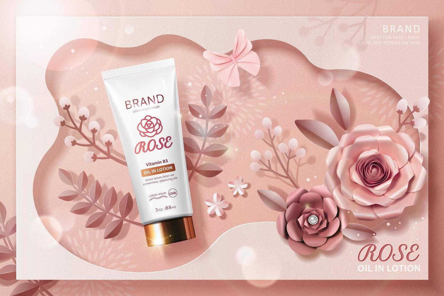 rose lotion tube ads mit papierblumen in 3d-illustration, draufsicht vektor