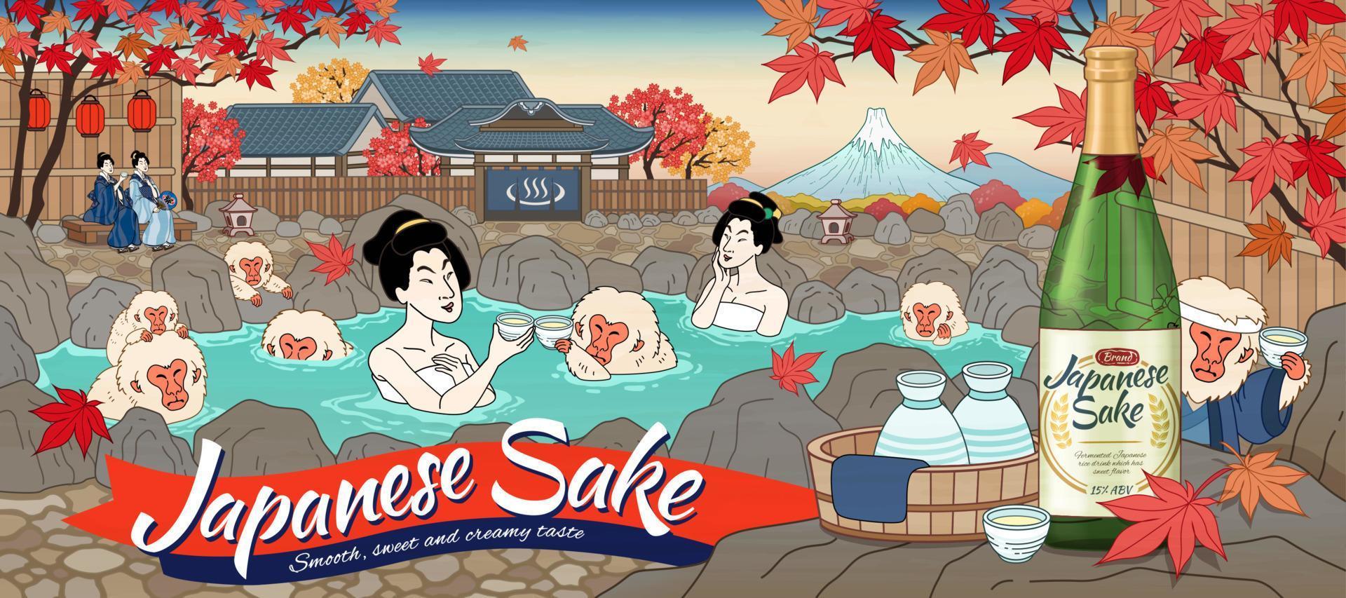 japanische Sake-Anzeigen im Ukiyo-e-Stil mit Frauen und niedlichen Affen, die heiße Quellen im Freien genießen, wunderschöne Ahornlandschaft vektor