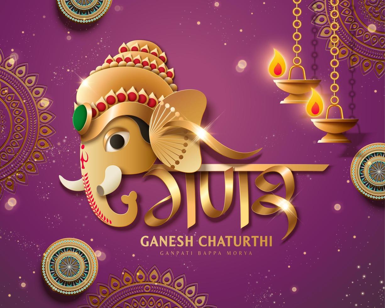 ganesh chaturthi design med gyllene ganeshas huvud och olja lampor på lila mandala bakgrund vektor