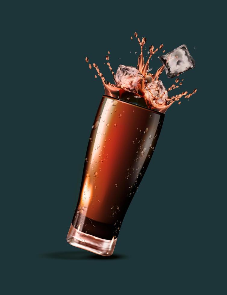 spritzt cola mit eiswürfeln in 3d-illustration vektor