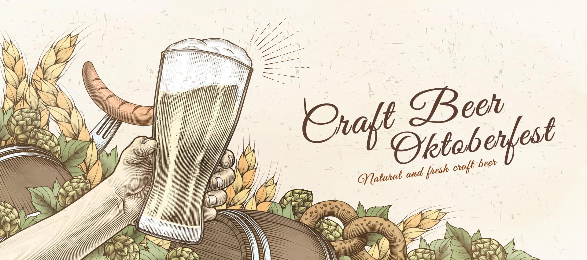 retro träsnitt stil oktoberfest baner med hand innehav hantverk öl, kringlor, korv och vete Ingredienser vektor