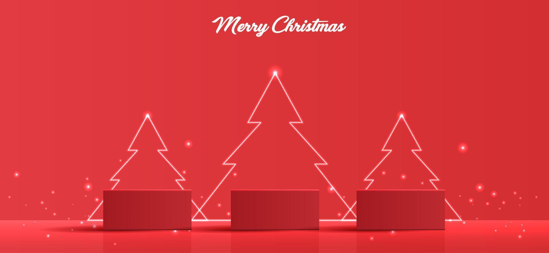podiumform für die ausstellung von kosmetischen produkten für weihnachten oder neujahr. stehen produktschaufenster auf rotem hintergrund mit baum weihnachten. Vektordesign. vektor