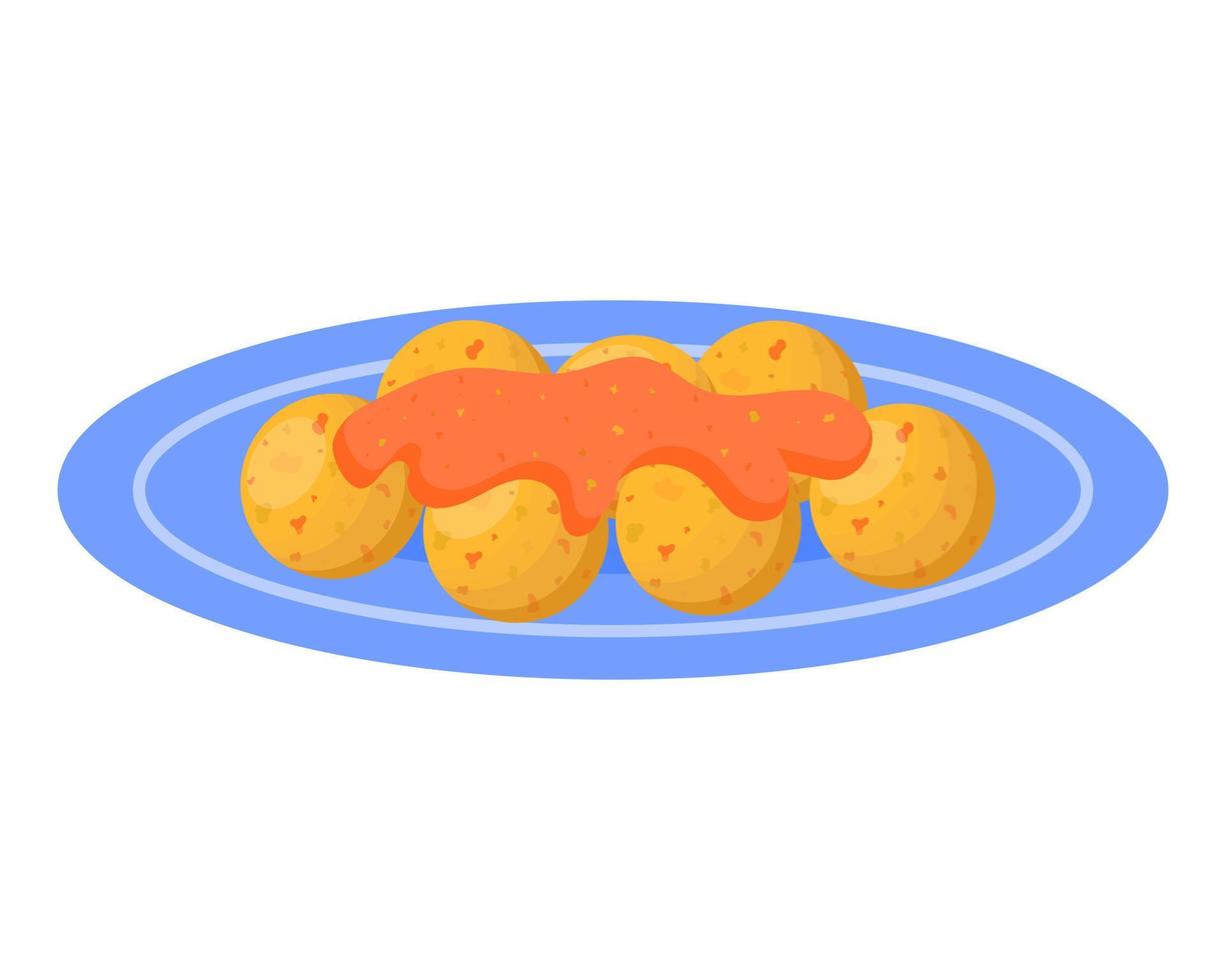 Fischbällchen mit Sauce auf einem Teller. asiatisches Essen auf der Straße. Vektor-Illustration. vektor