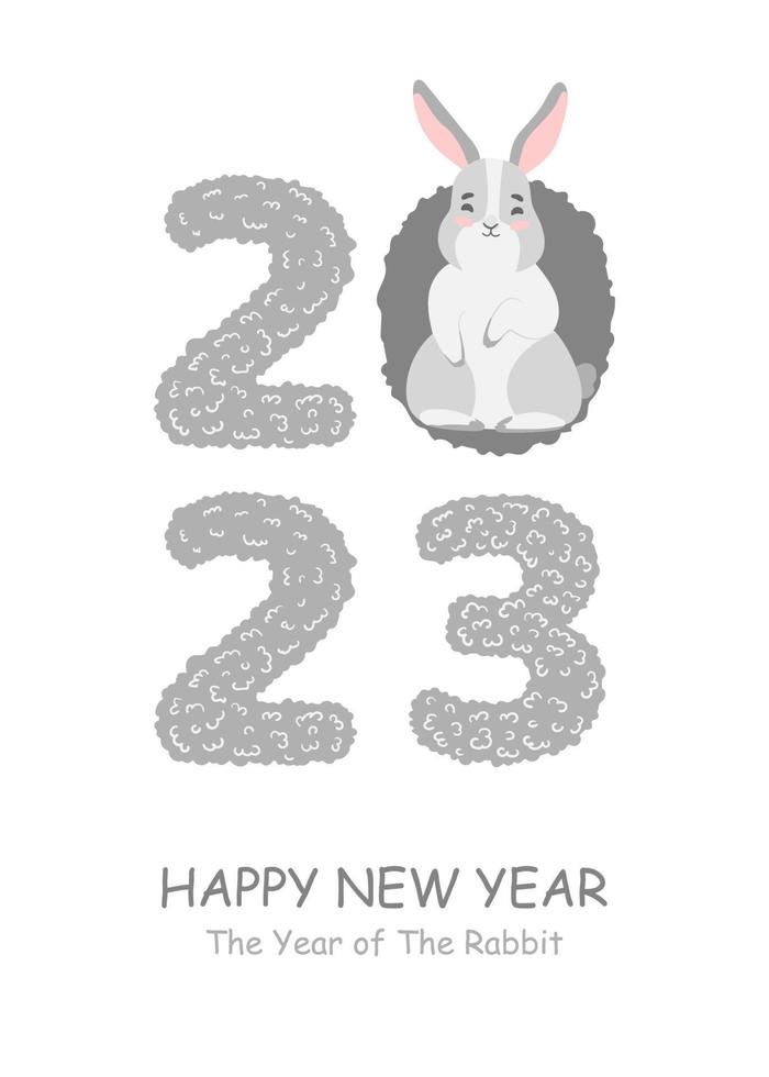 frohes neues jahr 2023. chinesisches mondneujahr 2023, jahr des kaninchens. große Zahlen mit niedlichem Häschen, Hase. hintergrunddesign für feiertagsdekor, karte, poster, banner, flyer vektor