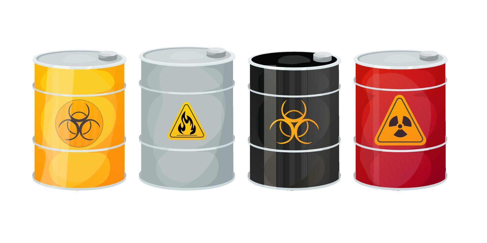 uppsättning metall fat med toxisk, farlig tecken i tecknad serie stil isolerat på vit bakgrund. radioaktiv, brandfarlig. vektor illustration