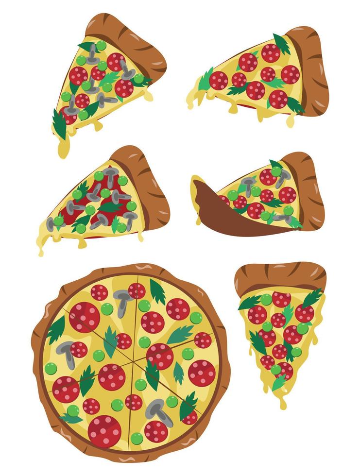 pepperoni pizza vektor skiva svamp snabb mat vektor grafik hela pizza ost droppa ikon klistermärke