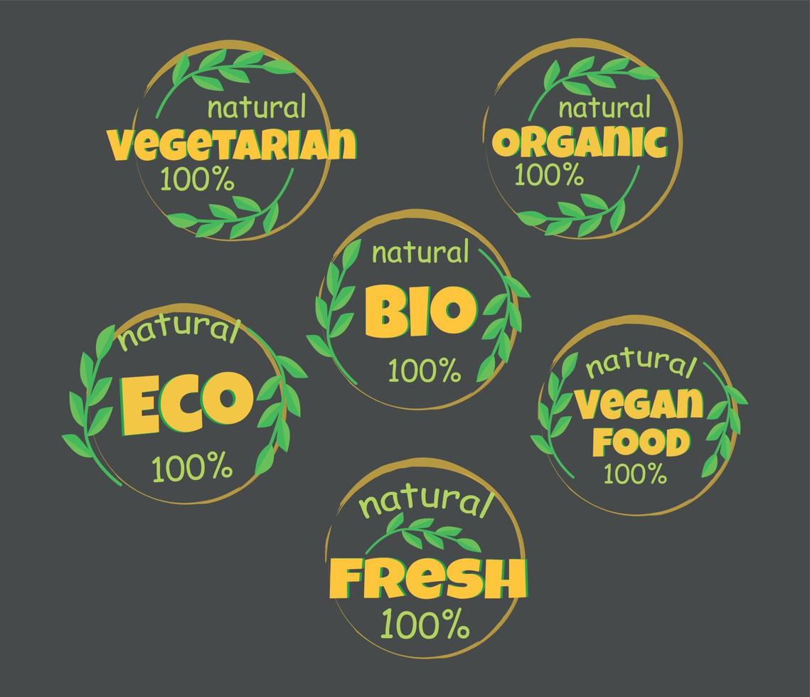 vektor grafik eco bio organisk och naturlig Produkter klistermärke märka bricka och logotyp mönster av grön löv och gul brev på en mörk bakgrund