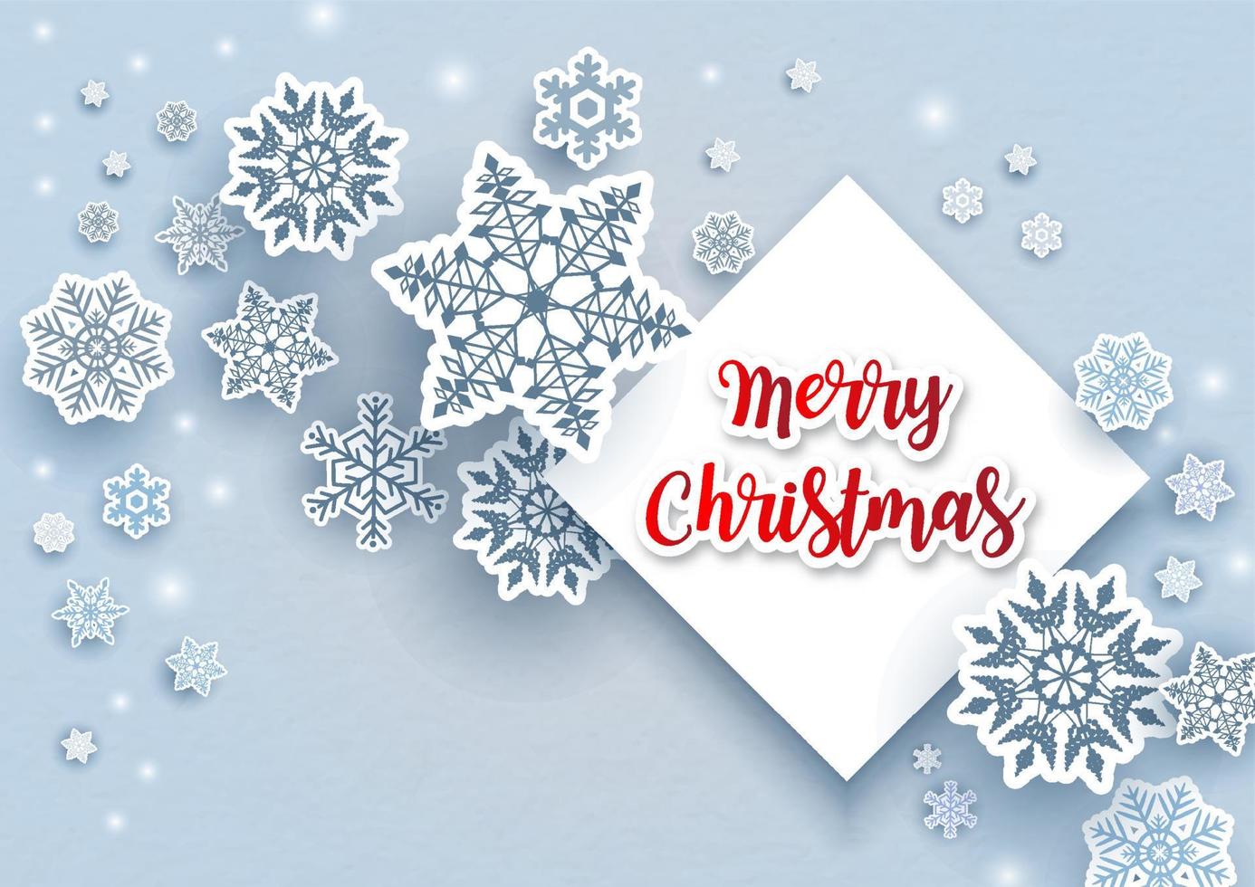 många och mängd snöflinga i papper skära stil med glad jul text på vit fyrkant och blå bakgrund. jul hälsning kort och affisch i vektor design.