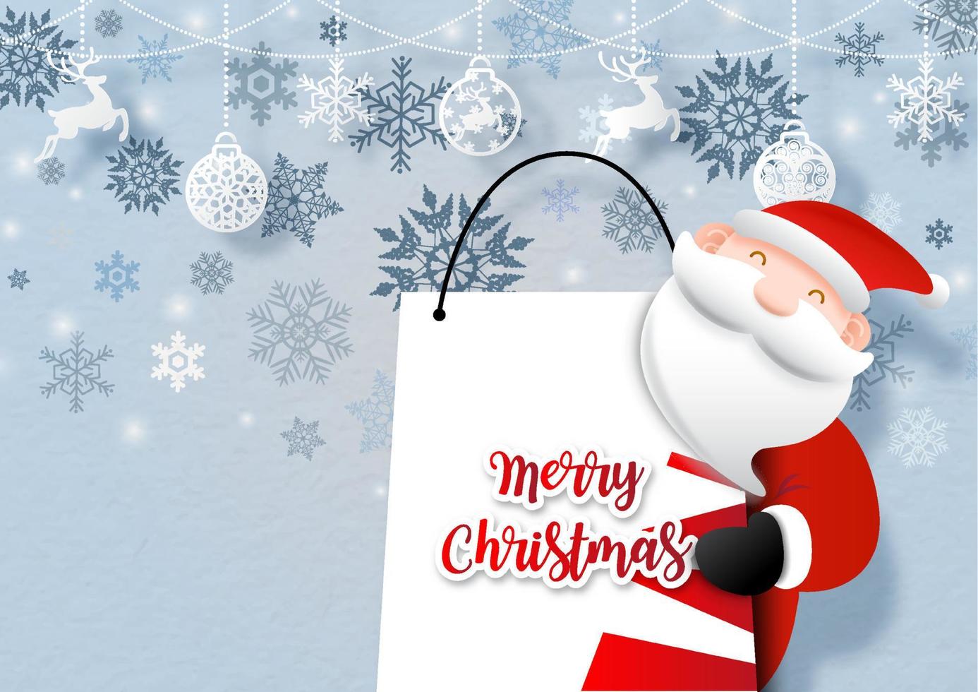 Großansicht Santa Cruse Umarmung eine Einkaufstasche mit Symbolobjekten der Weihnachtsfeiertage hängen an der Silhouette von Schneeflockenmuster und blauem Hintergrund. Weihnachtsgrußkarte im Vektordesign. vektor